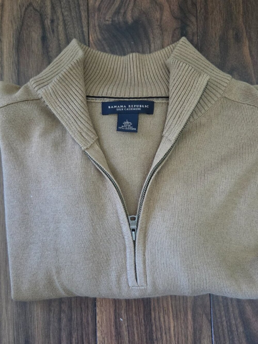 Banana Republic Sweater Mens Large Tan Silk Cashmere 1/4 Zip Mock Neck